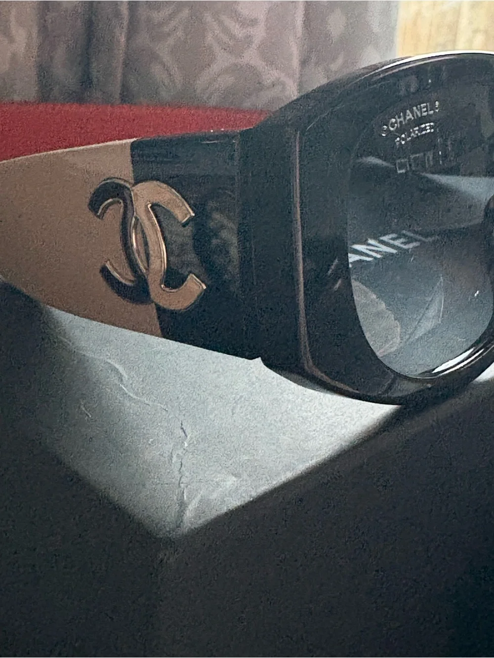 CHANEL Oval Polarized Black Sunglasses with Beige Inner Accents
